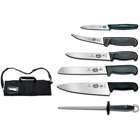 Swiss Army Brands Victorinox 46152 Kitchen Black Culinary Set, 7-Piece Fibrox Pro Culinary Set With Canvas Roll VIC-7.4012-X12